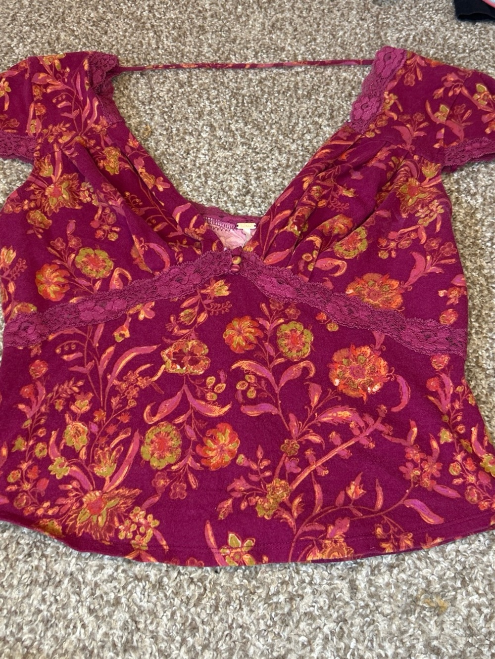 Free People Magenta Floral Lace-Trim Chemise Top